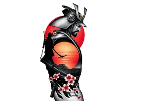 noble samurai warrior silhouette at sunset with cherry blossoms tattoo idea