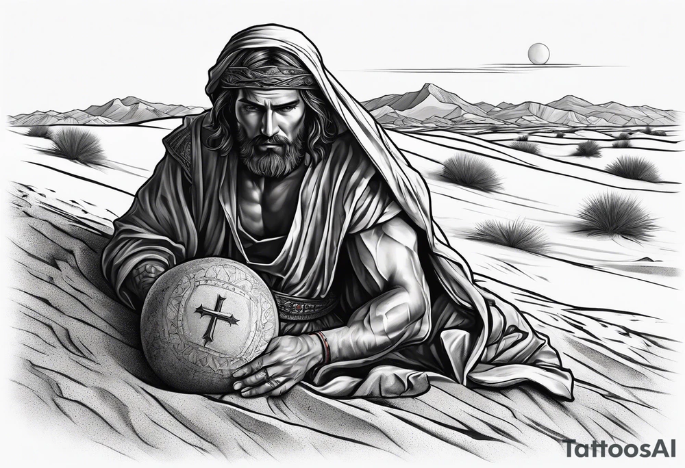 man crawling in a desert toward the cross of Christ tattoo idea