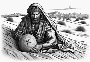 man crawling in a desert toward the cross of Christ tattoo idea