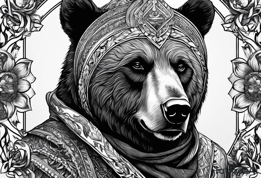 a man with a bear's head instead of a hood and a beard tattoo idea