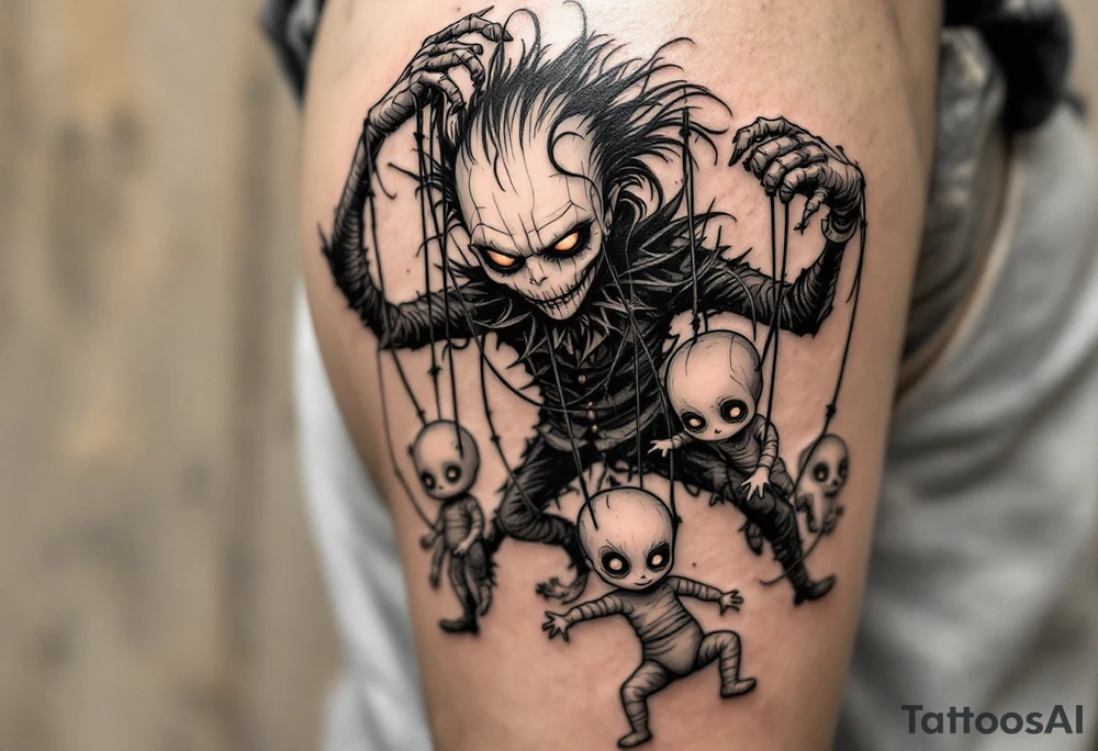 Tim Burton’s puppet master pulls tangled strings of porcelain dolls in faded peach and dusty gray. tattoo idea