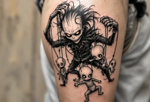Tim Burton’s puppet master pulls tangled strings of porcelain dolls in faded peach and dusty gray. tattoo idea