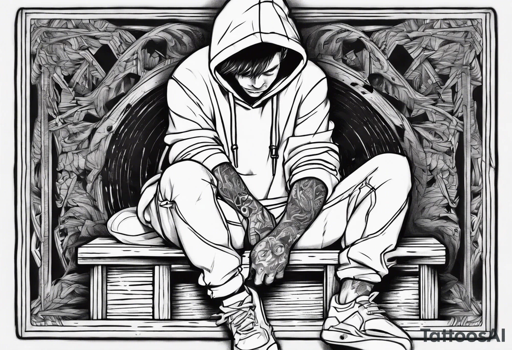 A guy in a hoodie sitting on a wooden box, looking down. tattoo idea