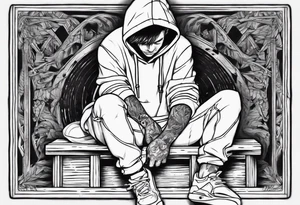 A guy in a hoodie sitting on a wooden box, looking down. tattoo idea