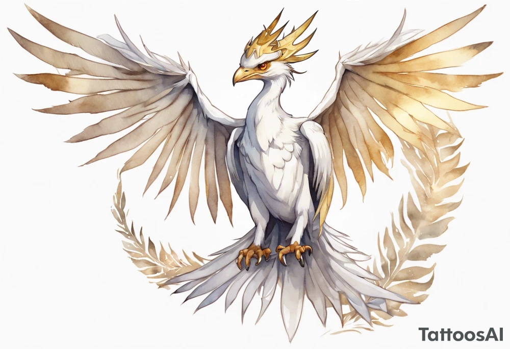 a watercolor of a white bird-wyvern hybrid wearing a plain crown, with light gold wing feathers tattoo idea
