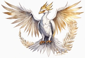 a watercolor of a white bird-wyvern hybrid wearing a plain crown, with light gold wing feathers tattoo idea