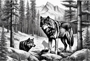 Wilderness large wolf scene with the dad wolf protecting the pack tattoo idea