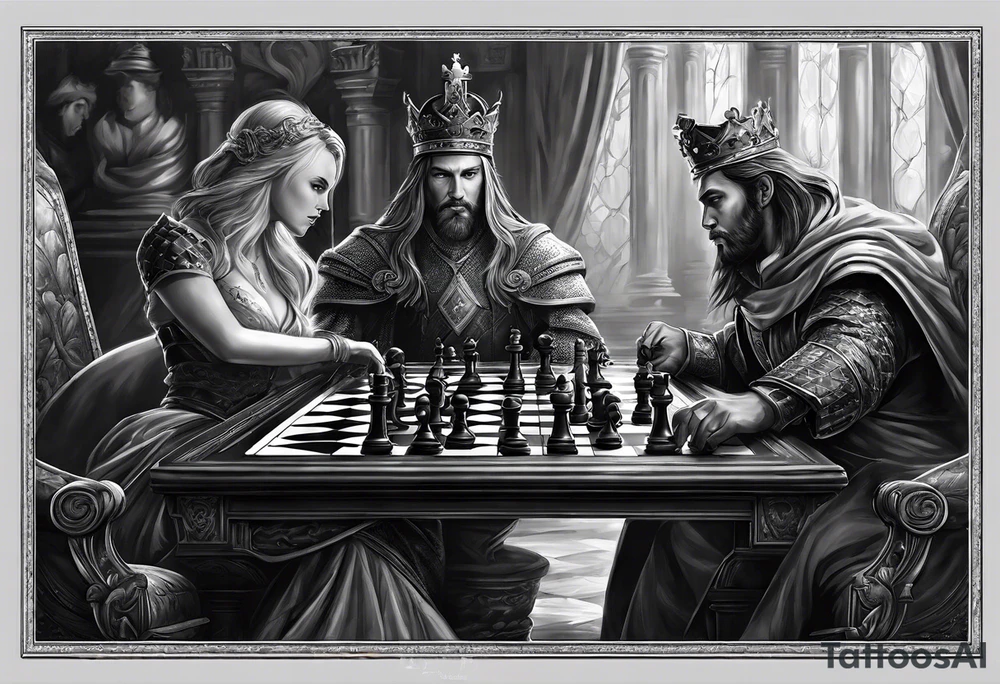 Capture the intense moment of checkmate in the game, with the angelic queen delivering the final move, signaling the triumph of good over evil in this strategic battle. tattoo idea