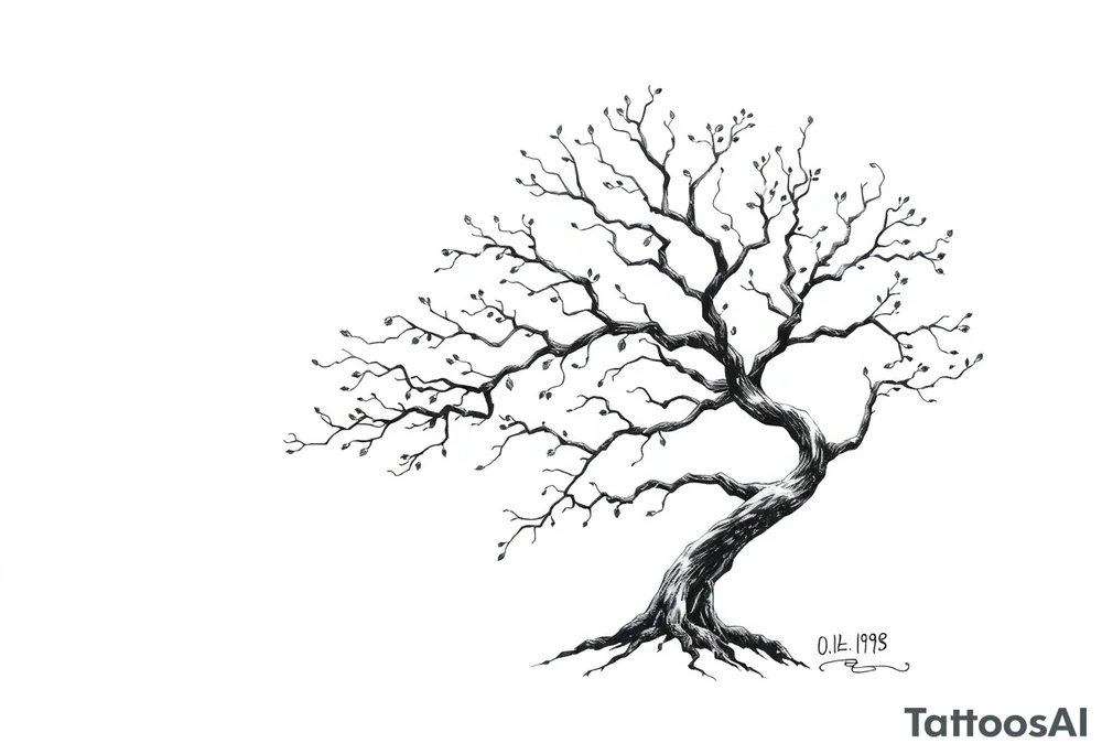 simple windy tree tattoo linework stencil with date 02.18.1998 tattoo idea