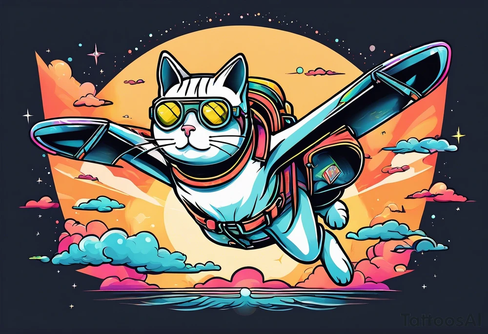 cat going skydiving in the rick and morty style tattoo idea