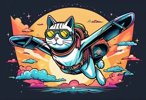 cat going skydiving in the rick and morty style tattoo idea