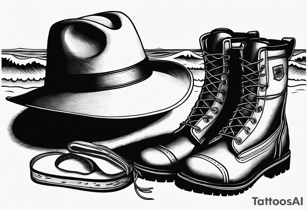 Keep it simple. A pair of timberland boots next to two flip flops and a cowboyhat on the Beach. tattoo idea