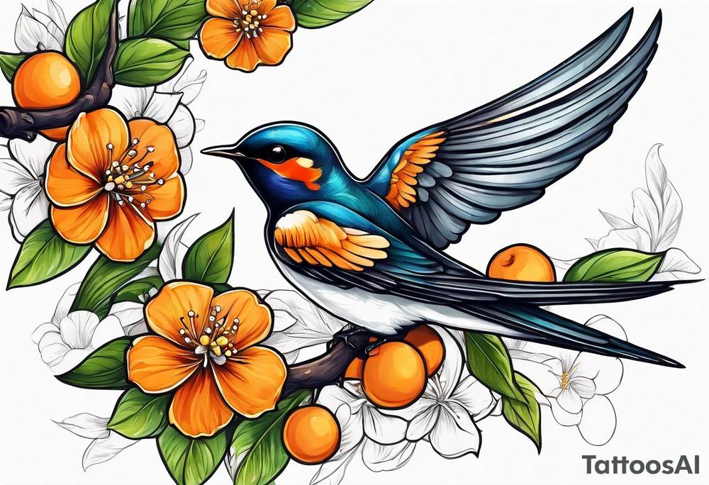 swallow sitting on an orange blossom branch with its wings open tattoo idea