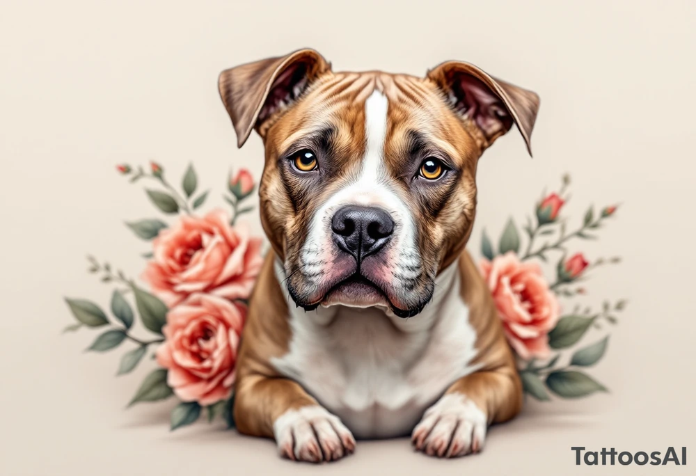 Brown and white pitbull with kind eyes, sitting calmly, surrounded by roses in muted red and soft green leaves, gentle realism. tattoo idea