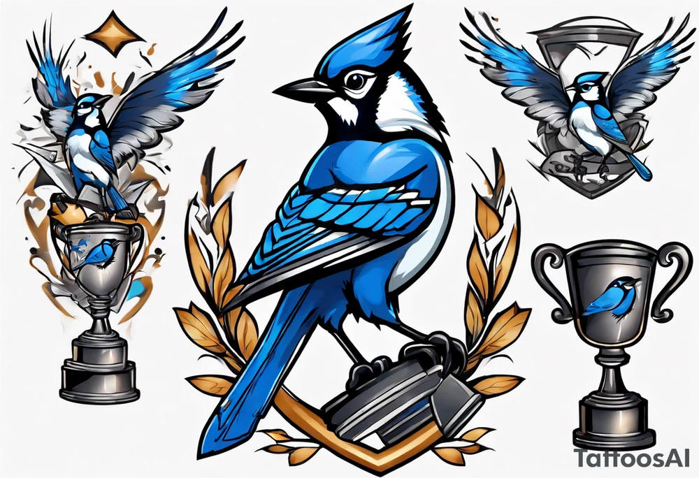 bluejay in a suit holding a trophy tattoo idea