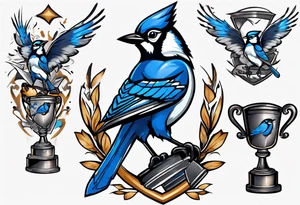 bluejay in a suit holding a trophy tattoo idea