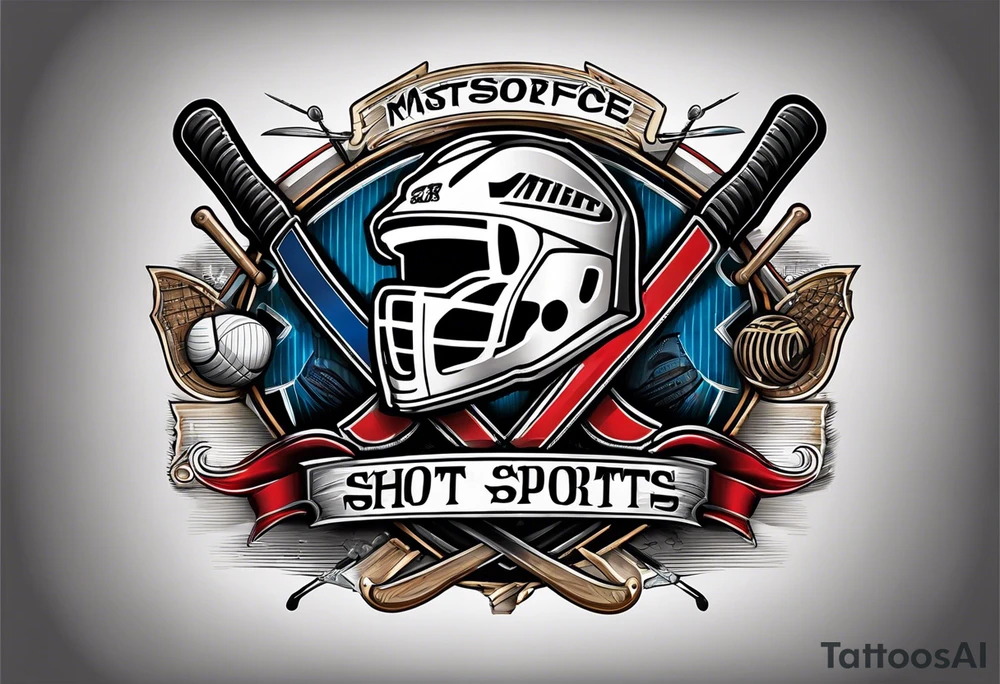 crossed hockey sticks with sports equipment that says "SHOT SPORTS" tattoo idea