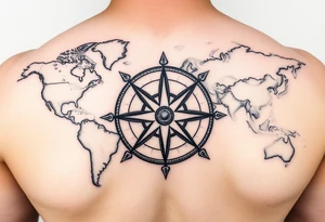 antique compass rose overlaid on weathered world map with sailing ships tattoo idea