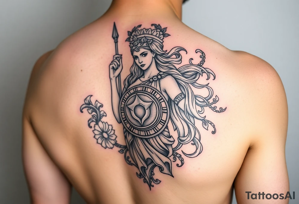 The goddess Athena with her Medusa shield and spear surrounded by Greek flourished designs on right arm tattoo idea