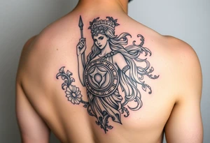 The goddess Athena with her Medusa shield and spear surrounded by Greek flourished designs on right arm tattoo idea