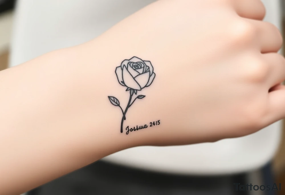fine-line rose on my inner wrist, with the stem flowing down into the word Joshua 24:15 in tiny clean text underneath tattoo idea