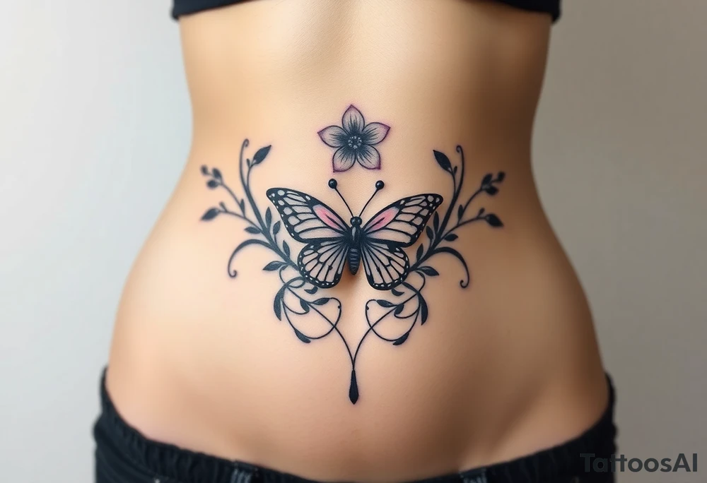 Exotic flower with a butterfly sitting in it around the belly button with vines going in v shape around the entire waist line tattoo idea