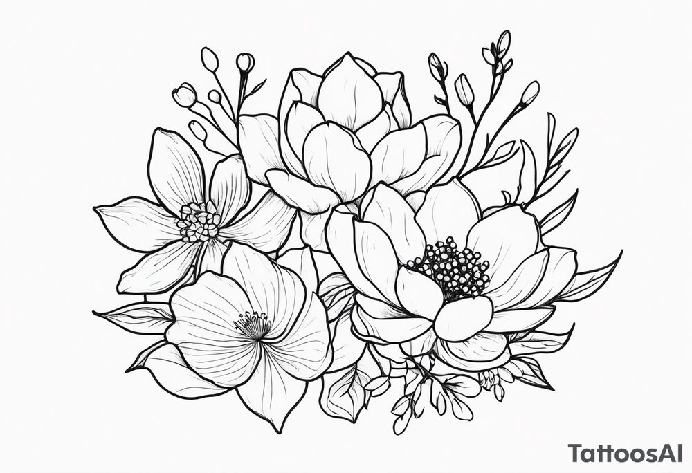 Thin line small lotus dogwood lily of the valley and peony wildflower bouquet tattoo idea