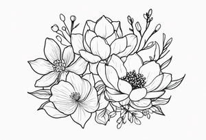 Thin line small lotus dogwood lily of the valley and peony wildflower bouquet tattoo idea