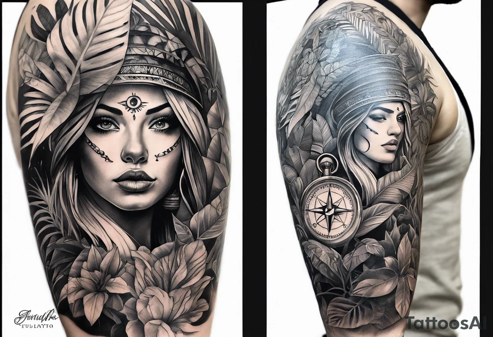 full sleeve tattoo with jungle plants, compass with eye tattoo idea