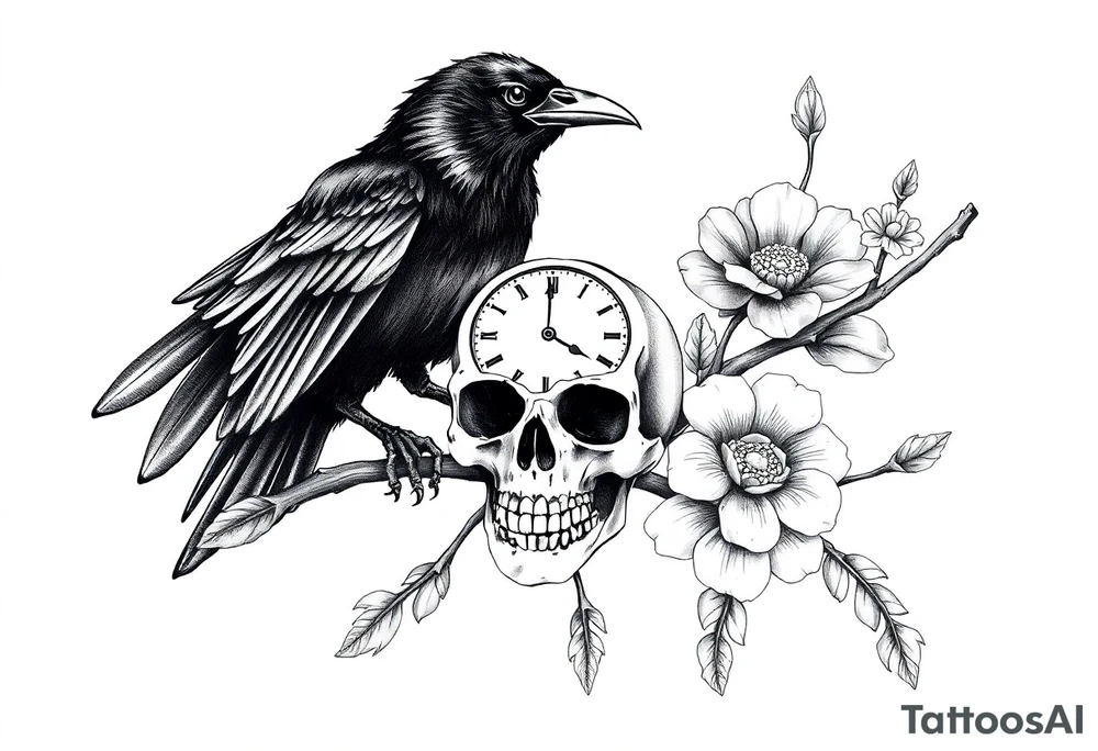 raven looking over its shoulder on a branch skull and clock and flower tattoo idea