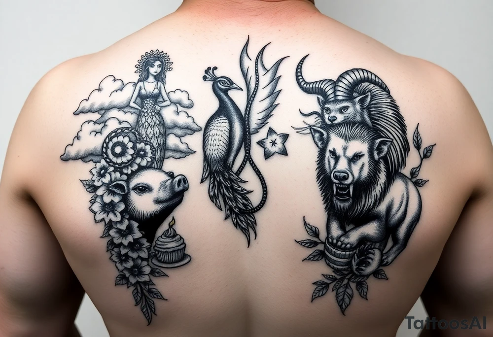 fat naked woman , peacock , pig ,cakes, liquor, cigerette, Storm clouds, pig, peacock , fat sexy naked fat woman, cupcakes, noose , money, goat lion, couple having sex, cigerette storm lightening, killing, darkness death, violent majestic creatures tattoo idea