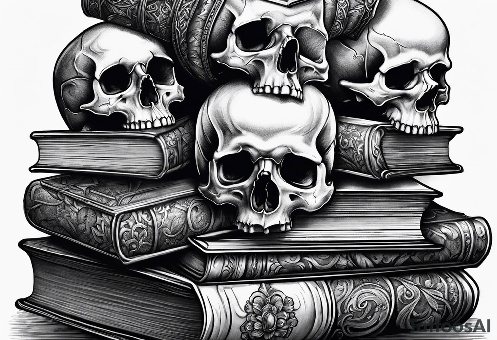 book stacks with skulls tattoo idea