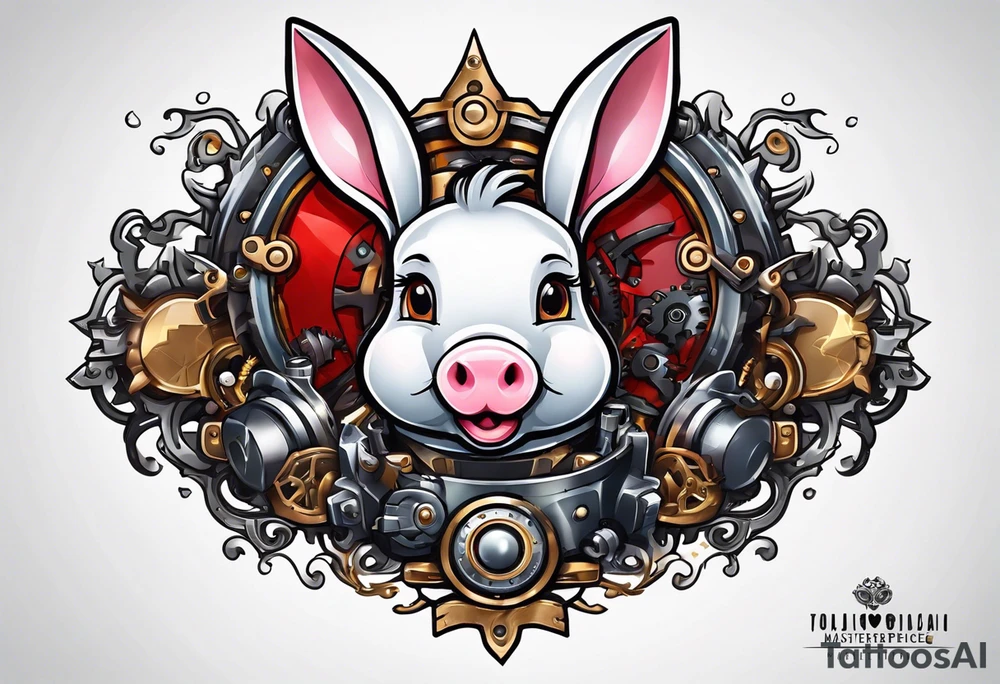 Looks like a rabbit cartoon pig with a mechanical heart tattoo idea