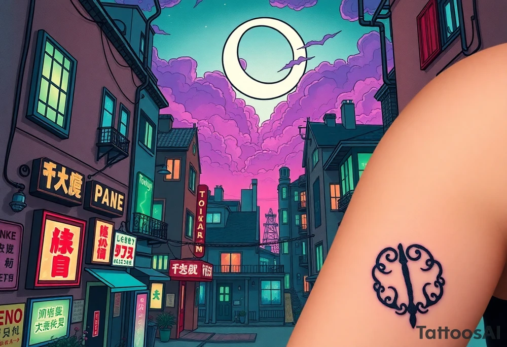 Tim Burton’s haunted pastel Tokyo apartment from the street view is littered in neon signs and dripping with muted reds, dusty pinks, and eerie green glow.purple and cyan smokey clouds swirl in the crescent moonlit sky thats sprinkled with stars tattoo idea tattoo idea