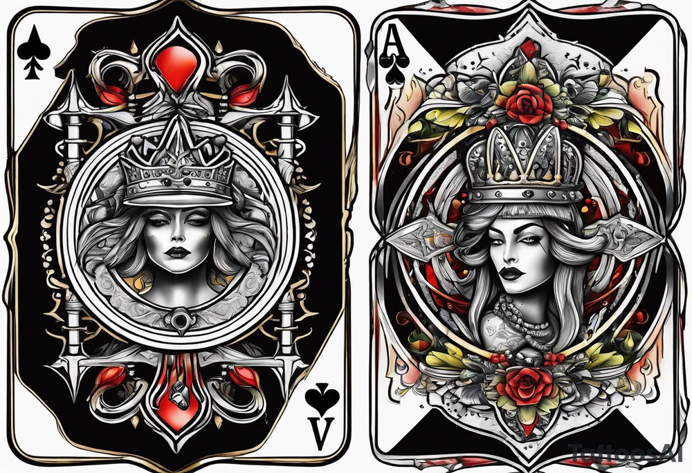 King, queen of spades cards with swords. Both cards together as a pair tattoo idea