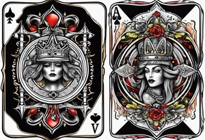 King, queen of spades cards with swords. Both cards together as a pair tattoo idea