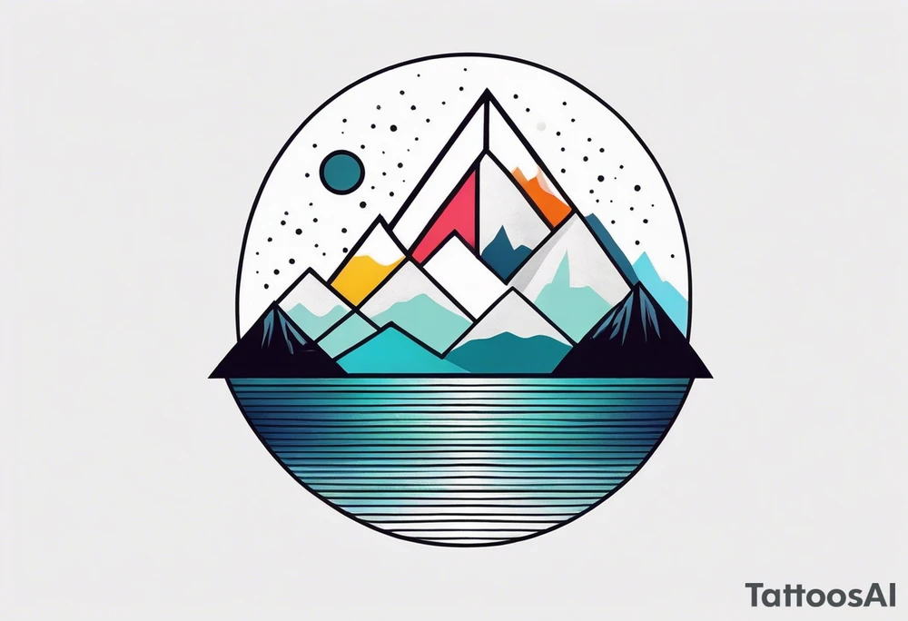 Mountain one Peak, sea waves, space with two littel coloured Stars, semi circle Open surrounds mountain Peak, geometrical forms overlapping dashed lines tattoo idea