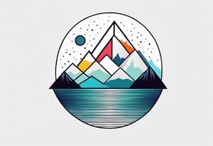 Mountain one Peak, sea waves, space with two littel coloured Stars, semi circle Open surrounds mountain Peak, geometrical forms overlapping dashed lines tattoo idea