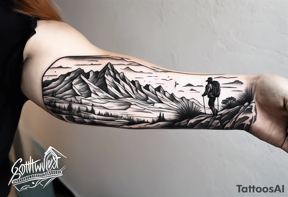 Forearm tattoo with southwest landscape and hikers tattoo idea