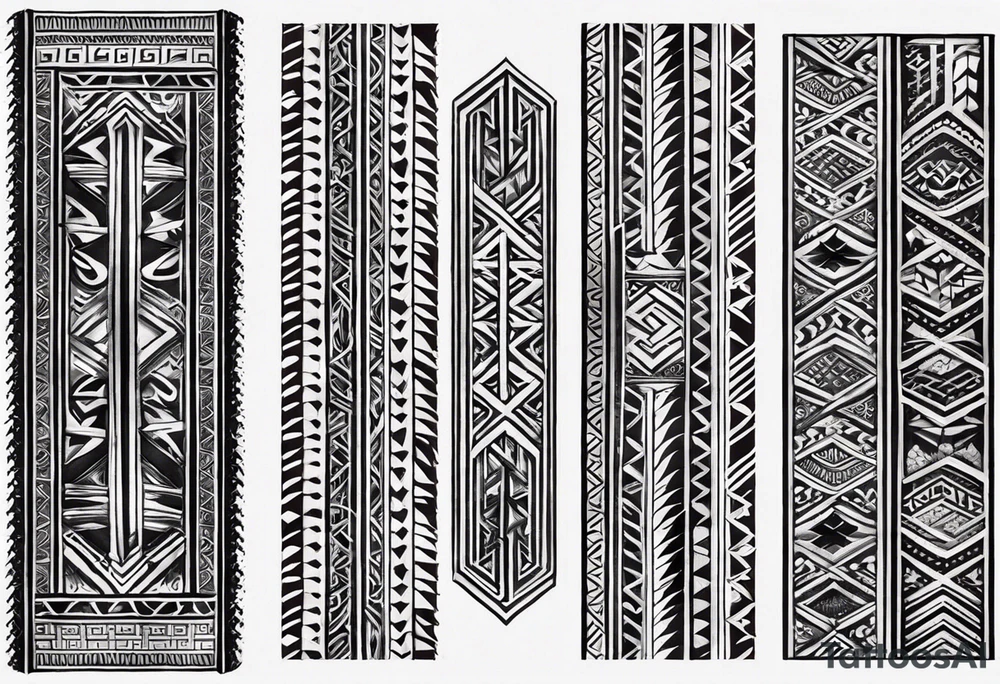 Men's tribal armband tatto made of geometrics patters and containing a wide black stripe around the whole forearm. The tattoo covers the middle part of the forearm, around 5 cm from the elbow and 5 cm from the wrist. The ornaments are of slavic style. tattoo idea