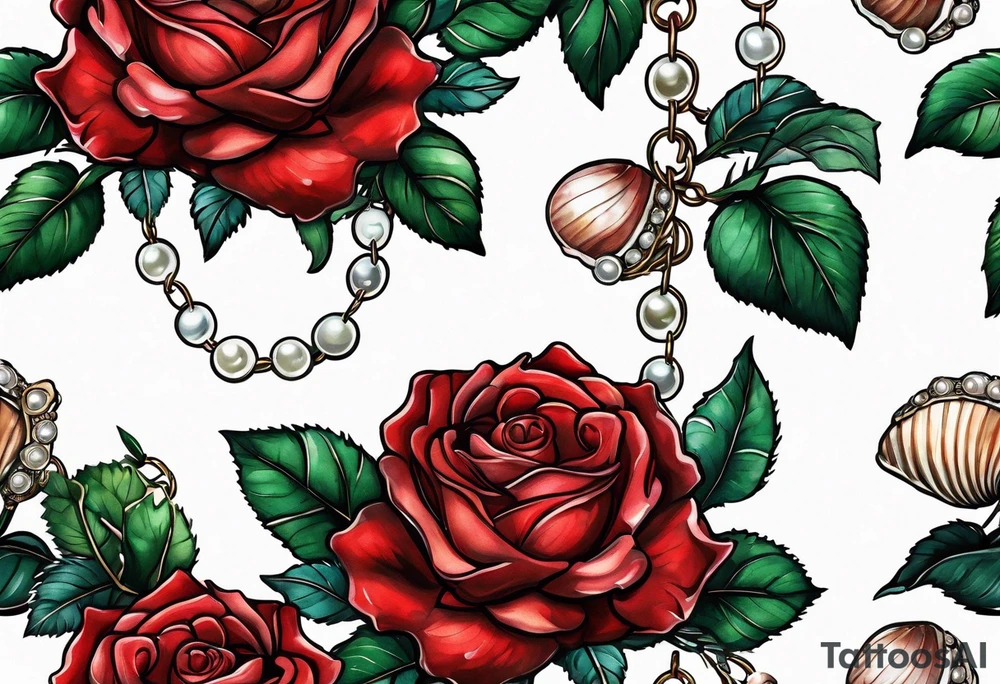 Red roses with a chain made of pearls and seashells tattoo idea