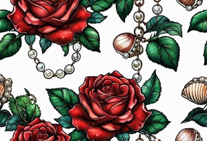 Red roses with a chain made of pearls and seashells tattoo idea