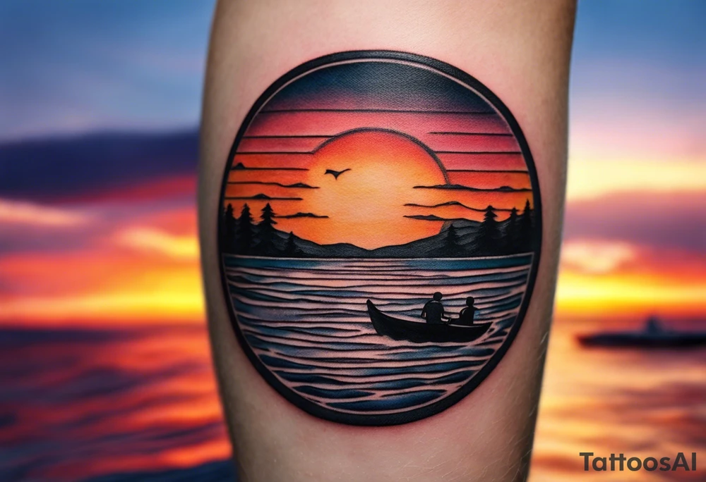 This tattoo needs to be incredibly simple and minimal. It's a sunset from the perspective of being on a boat on the ocean. The waves are very calm and there is no land in site. There are slight reflections of the sun on the water. The tattoo will be in landscape orientation. Mostly black with small splashes of color from the sun. There should be no objects in the tattoo besides the sun, water, and maybe some clouds and a bird or two. No land or boats. tattoo idea