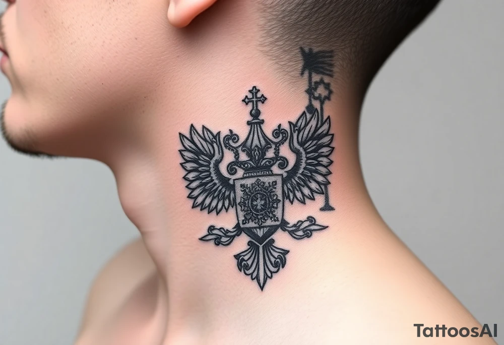 russian coat arms in a russian christian orthodox style virgin mary & orthodox dome church on the side of the neck tattoo idea