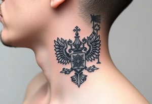 russian coat arms in a russian christian orthodox style virgin mary & orthodox dome church on the side of the neck tattoo idea