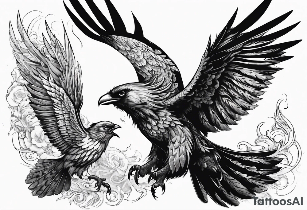 Pheonix and raven fighting with owl flying in at them tattoo idea
