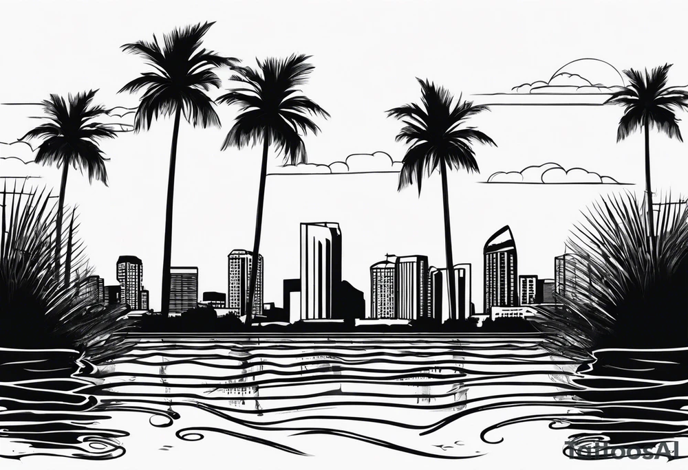 Water leading up to the San Diego skyline with palm trees tattoo idea