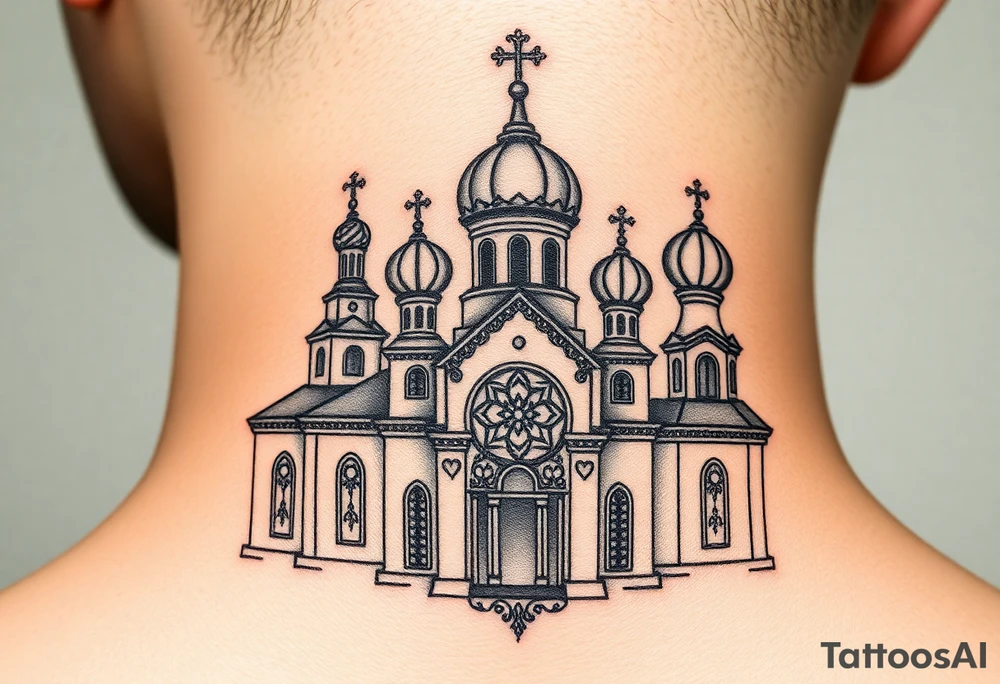 medium sized Russian orthodox church with bulb domes with a prominent russian orthodox mosaic tattoo idea