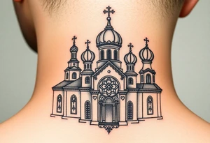 medium sized Russian orthodox church with bulb domes with a prominent russian orthodox mosaic tattoo idea
