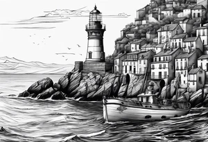 phare maritime dans un bateau a voiles vu du devant. tattoo idea